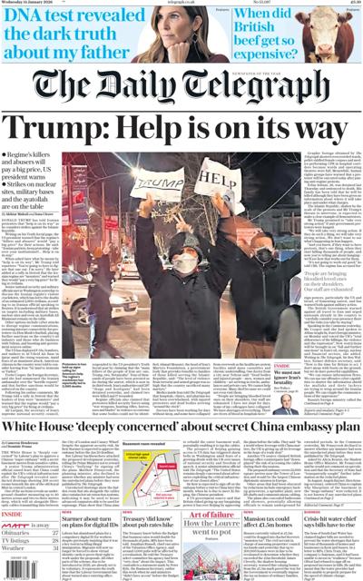 The Daily Telegraph Newspaper Front Page (UK) for 14 January 2026