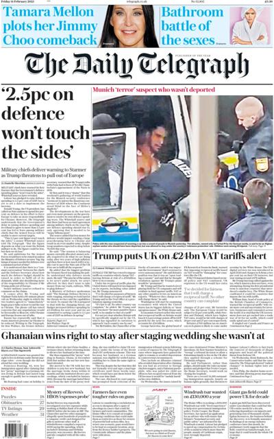 The Daily Telegraph Newspaper Front Page (UK) for 14 February 2025