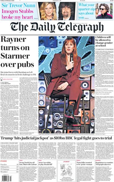 The Daily Telegraph Newspaper Front Page (UK) for 14 February 2026