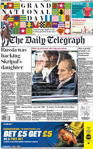 The Daily Telegraph Newspaper Front Page (UK) for 14 April 2018