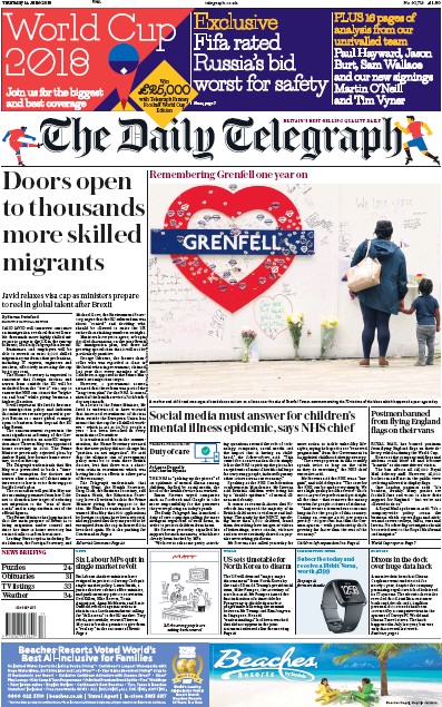 The Daily Telegraph Newspaper Front Page (UK) for 14 June 2018