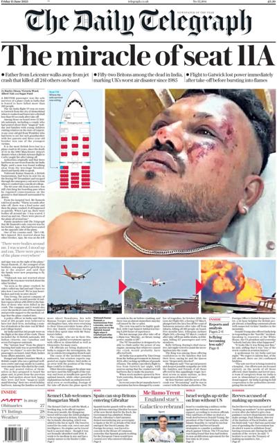 The Daily Telegraph Newspaper Front Page (UK) for 14 June 2025