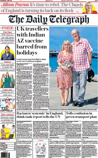 The Daily Telegraph Newspaper Front Page (UK) for 14 July 2021