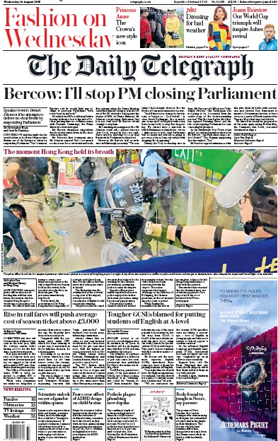 The Daily Telegraph Newspaper Front Page (UK) for 14 August 2019