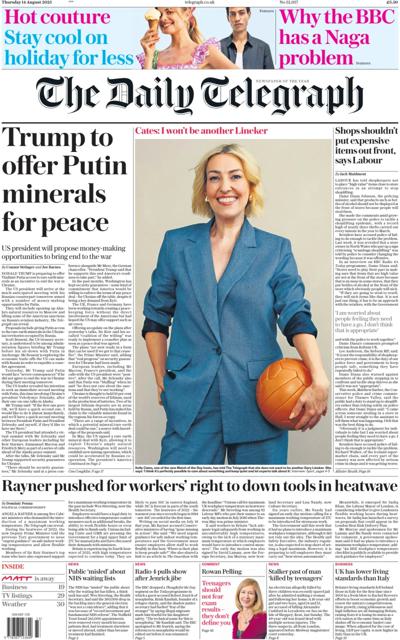 The Daily Telegraph Newspaper Front Page (UK) for 14 August 2025