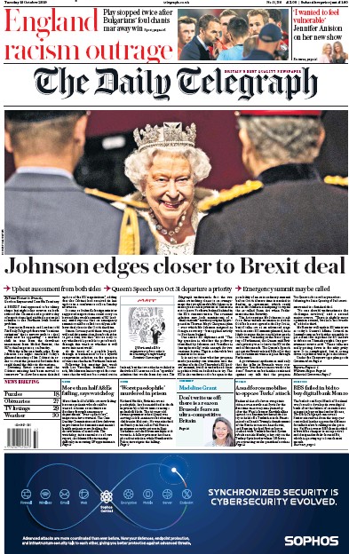 The Daily Telegraph Newspaper Front Page (UK) for 15 October 2019