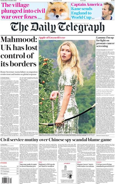 The Daily Telegraph Newspaper Front Page (UK) for 15 October 2025
