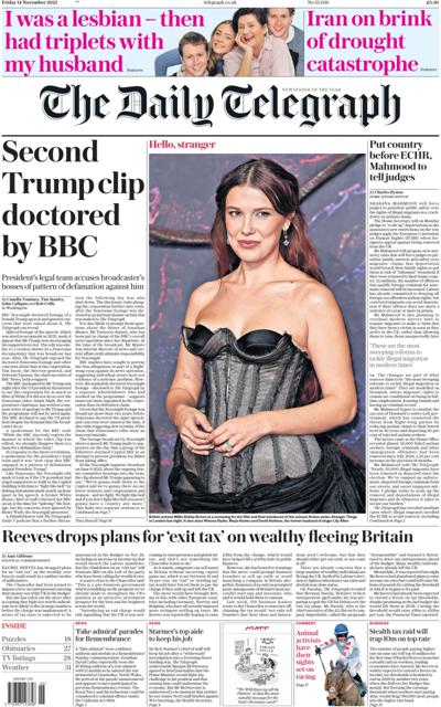The Daily Telegraph Newspaper Front Page (UK) for 15 November 2025