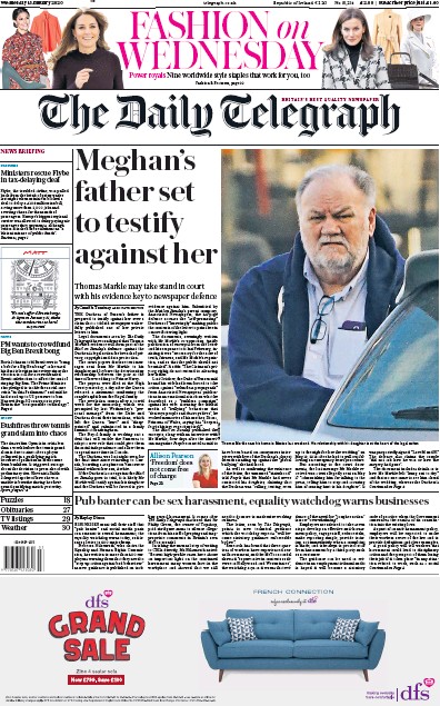 The Daily Telegraph Newspaper Front Page (UK) for 15 January 2020