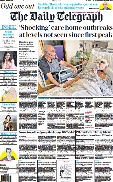 The Daily Telegraph Newspaper Front Page (UK) for 15 January 2021