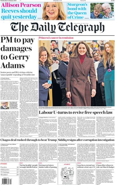 The Daily Telegraph Newspaper Front Page (UK) for 15 January 2025