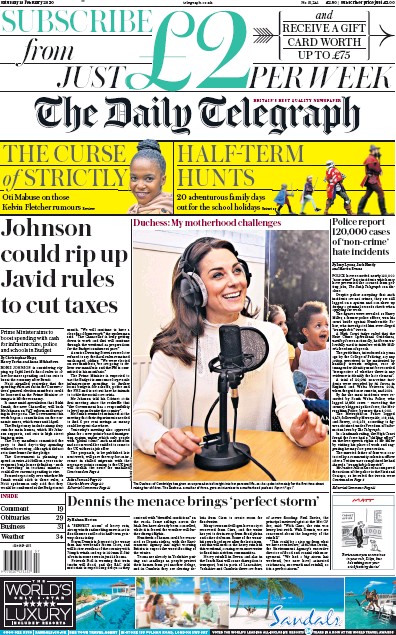 The Daily Telegraph Newspaper Front Page (UK) for 15 February 2020