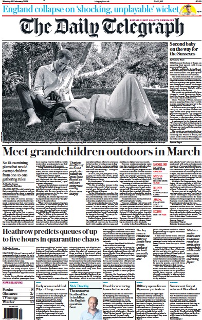 The Daily Telegraph Newspaper Front Page (UK) for 15 February 2021