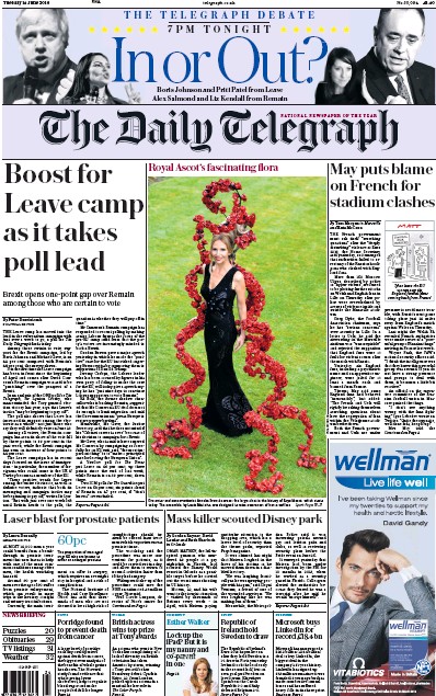 The Daily Telegraph Newspaper Front Page (UK) for 15 June 2016