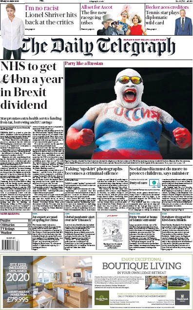 The Daily Telegraph Newspaper Front Page (UK) for 15 June 2018