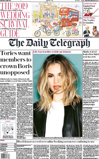 The Daily Telegraph Newspaper Front Page (UK) for 15 June 2019