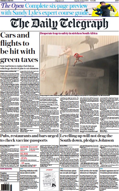 The Daily Telegraph Newspaper Front Page (UK) for 15 July 2021