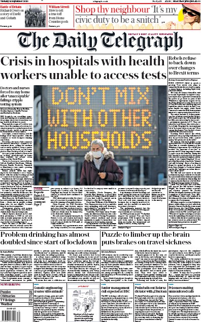 The Daily Telegraph Newspaper Front Page (UK) for 15 September 2020