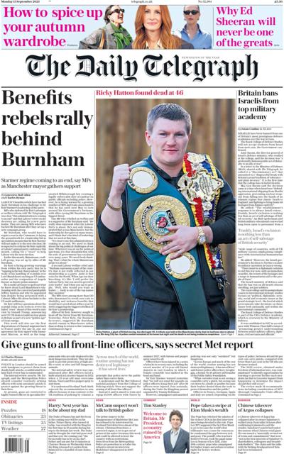 The Daily Telegraph Newspaper Front Page (UK) for 15 September 2025