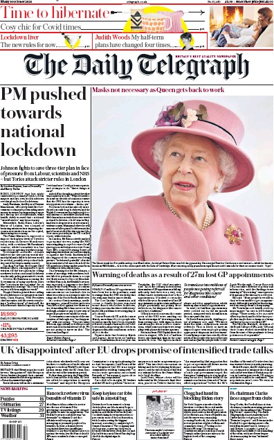 The Daily Telegraph Newspaper Front Page (UK) for 16 October 2020