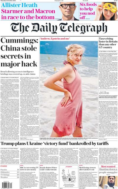 The Daily Telegraph Newspaper Front Page (UK) for 16 October 2025
