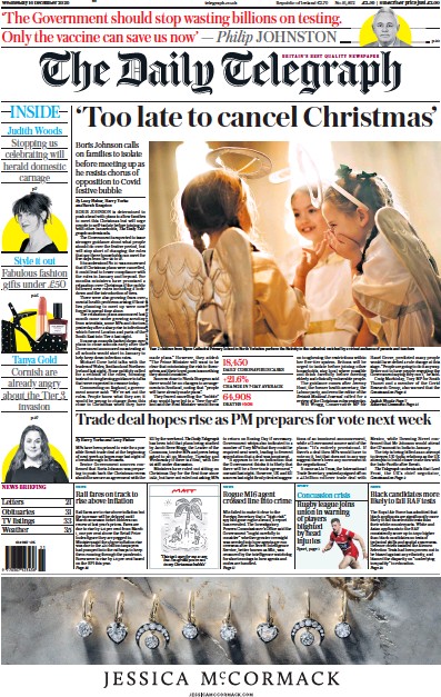 The Daily Telegraph Newspaper Front Page (UK) for 16 December 2020