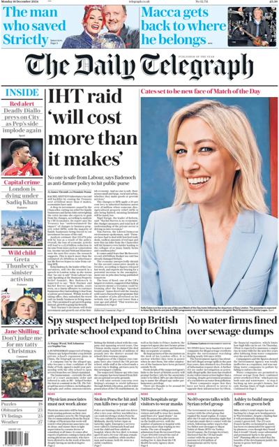 The Daily Telegraph Newspaper Front Page (UK) for 16 December 2024