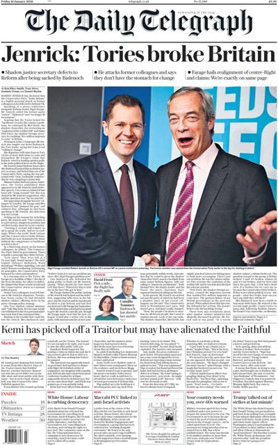 The Daily Telegraph Newspaper Front Page (UK) for 16 January 2026