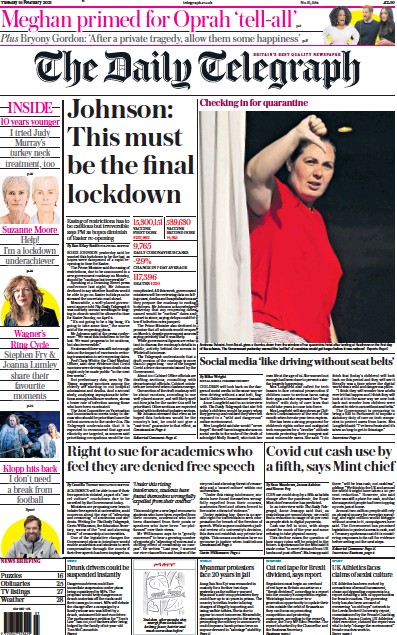 The Daily Telegraph Newspaper Front Page (UK) for 16 February 2021