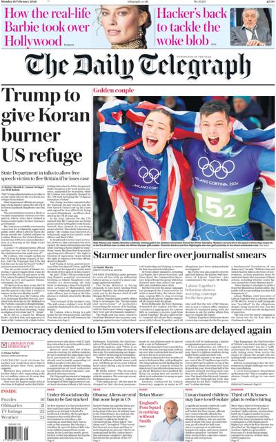 The Daily Telegraph Newspaper Front Page (UK) for 16 February 2026