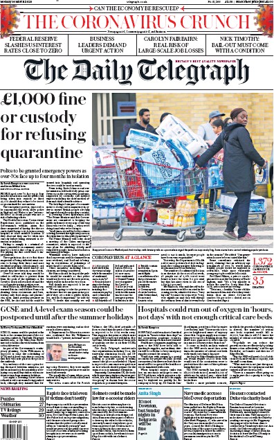 The Daily Telegraph Newspaper Front Page (UK) for 16 March 2020