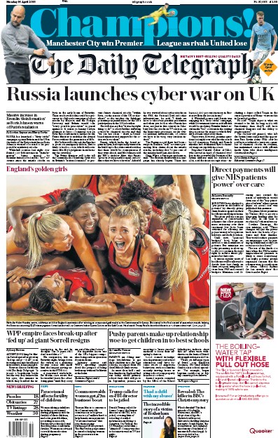 The Daily Telegraph Newspaper Front Page (UK) for 16 April 2018