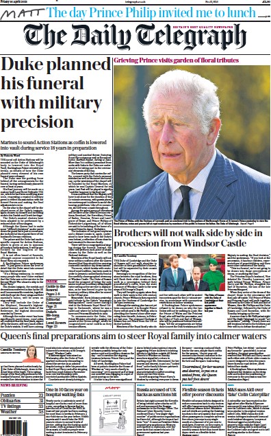 The Daily Telegraph Newspaper Front Page (UK) for 16 April 2021