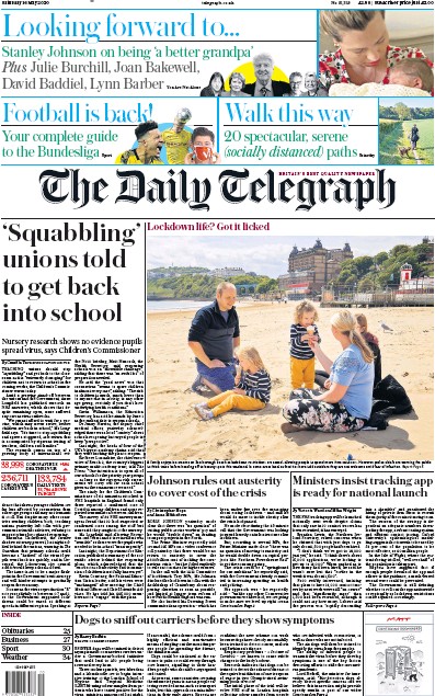 The Daily Telegraph Newspaper Front Page (UK) for 16 May 2020