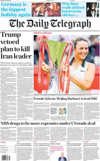 The Daily Telegraph Newspaper Front Page (UK) for 16 June 2025