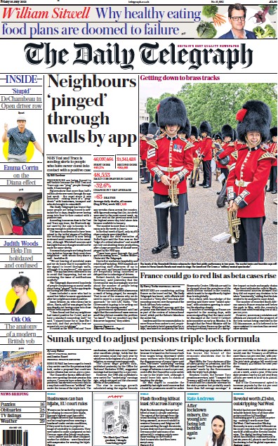 The Daily Telegraph Newspaper Front Page (UK) for 16 July 2021