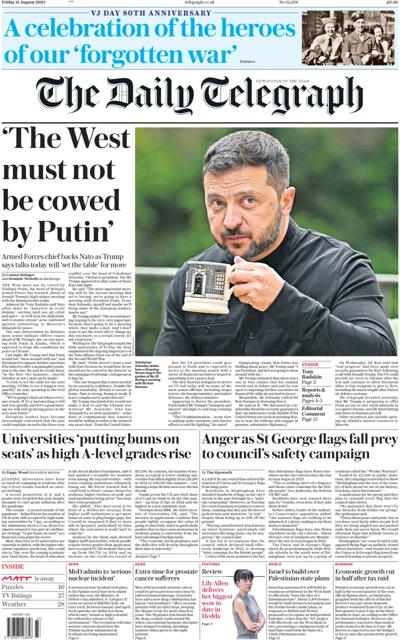 The Daily Telegraph Newspaper Front Page (UK) for 16 August 2025