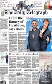 The Daily Telegraph (UK) Newspaper Front Page for 16 September 2016