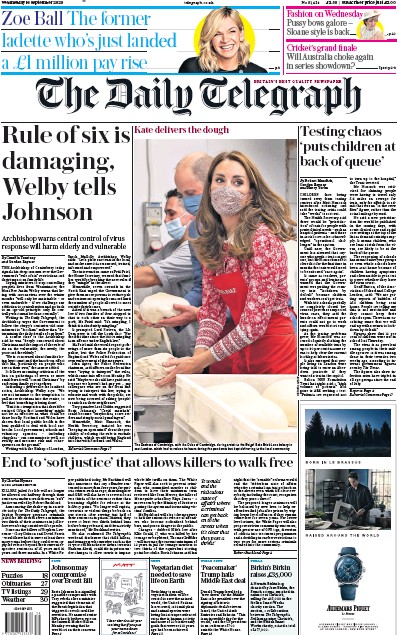 The Daily Telegraph Newspaper Front Page (UK) for 16 September 2020