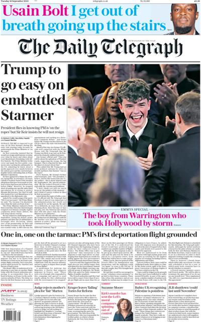 The Daily Telegraph Newspaper Front Page (UK) for 16 September 2025