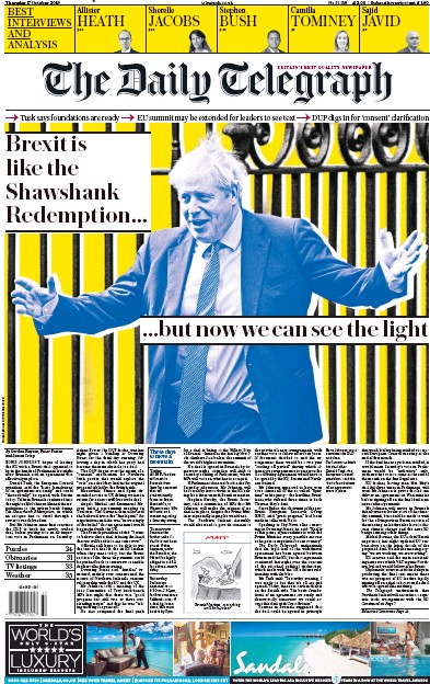 The Daily Telegraph Newspaper Front Page (UK) for 17 October 2019