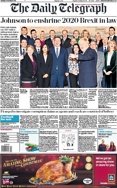 The Daily Telegraph Newspaper Front Page (UK) for 17 December 2019