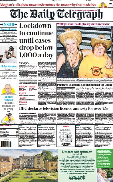 The Daily Telegraph Newspaper Front Page (UK) for 17 February 2021