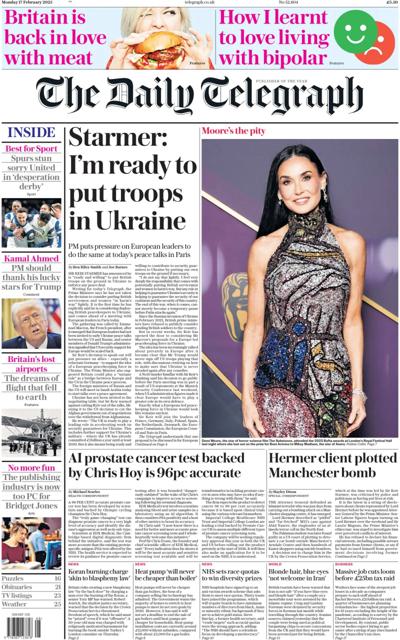 The Daily Telegraph Newspaper Front Page (UK) for 17 February 2025