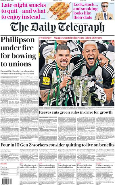The Daily Telegraph Newspaper Front Page (UK) for 17 March 2025