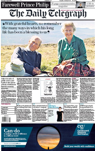 The Daily Telegraph Newspaper Front Page (UK) for 17 April 2021