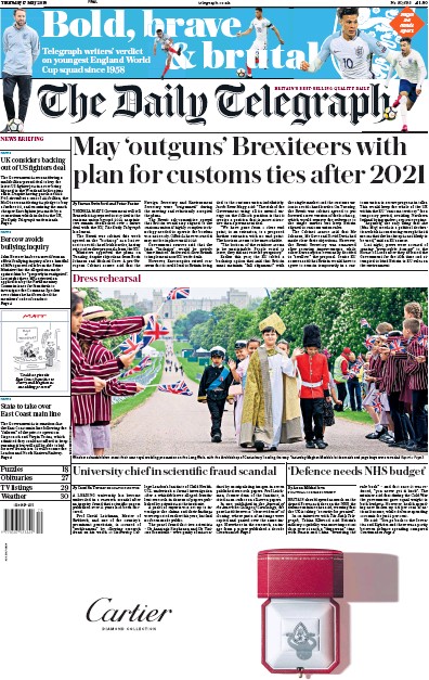 The Daily Telegraph Newspaper Front Page (UK) for 17 May 2018