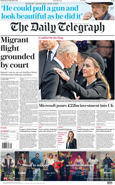 The Daily Telegraph Newspaper Front Page (UK) for 17 September 2025