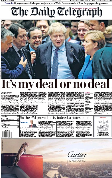 The Daily Telegraph Newspaper Front Page (UK) for 18 October 2019