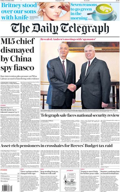 The Daily Telegraph Newspaper Front Page (UK) for 18 October 2025